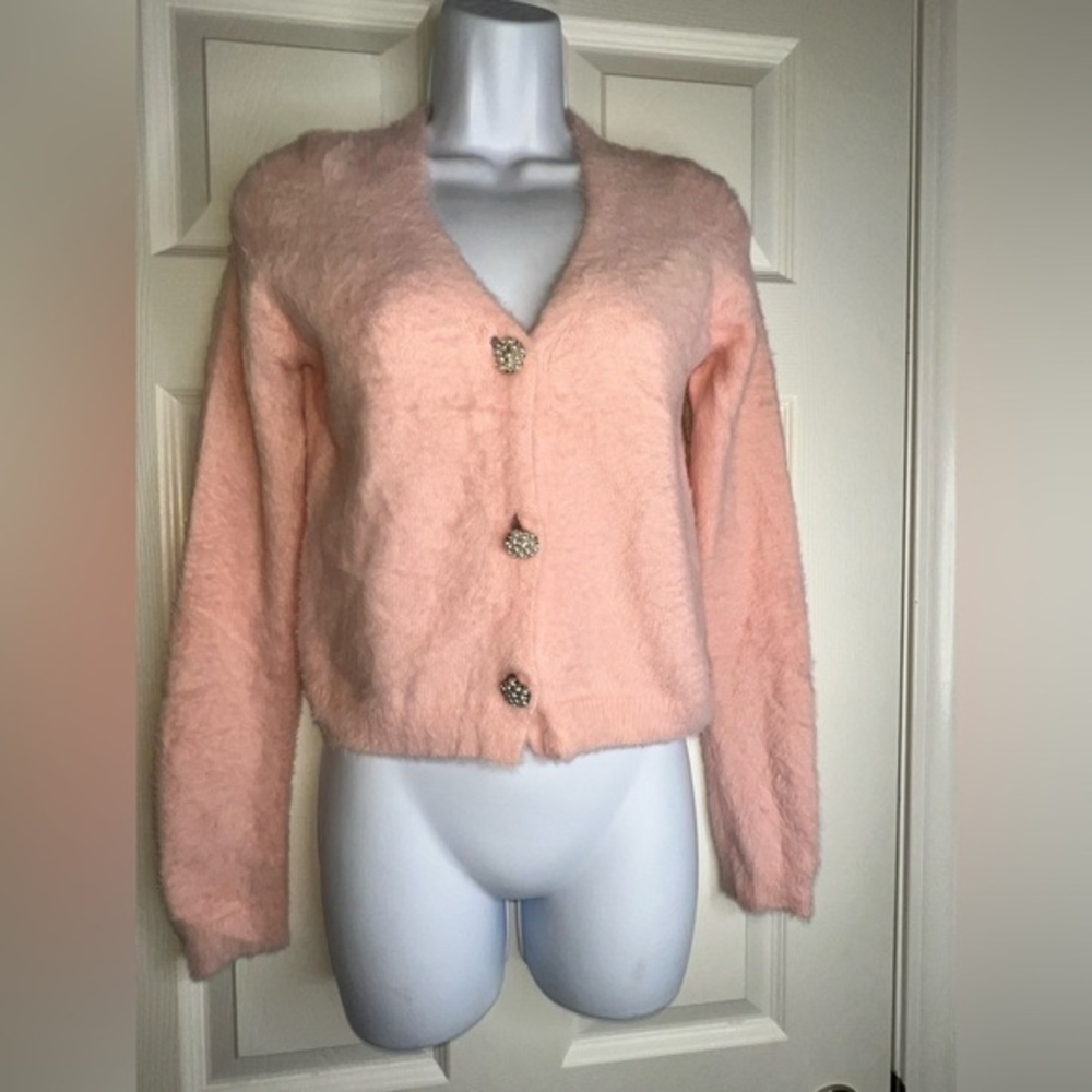 Hooked Up by IOT Peach Fuzzy V-Neck Cardigan